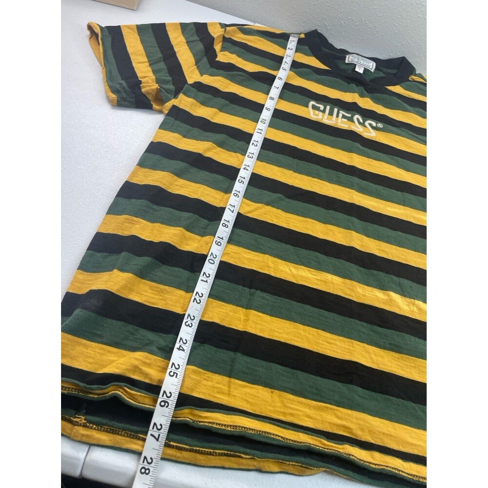 Vintage Y2K Guess Originals Striped Tee Green Yellow Logo Shirt Mens L - Picture 7 of 7